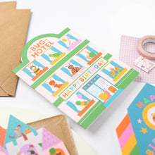 Load image into Gallery viewer, Greetings Card - Playful Bug Hotel - Die Cut Birthday Card for Kids with Cute Critters - Mifkins