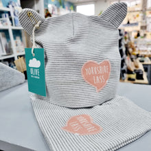 Load image into Gallery viewer, Baby hat with ears - Yorkshire Lass Speech Bubble motif - Olive Made