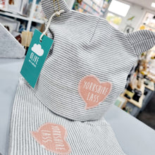 Load image into Gallery viewer, Baby hat with ears - Yorkshire Lass Speech Bubble motif - Olive Made