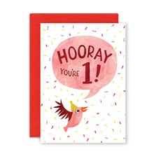 Load image into Gallery viewer, 1st Birthday Card - Hooray You're One! - Bird Birthday Greeting Card - Emily Nash Illustration