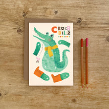 Load image into Gallery viewer, Crocodile Split Pin Puppet A5 Birthday Greeting Card - Make your own Crocodile Puppet - Emily Nash Illustration