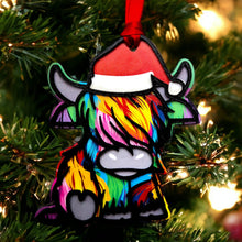 Load image into Gallery viewer, Highland Cow Christmas Hanging Decoration - Santa Hat - Wooden ornament - Different Colours - The Crafty Little Fox