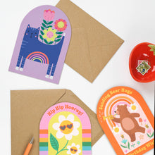 Load image into Gallery viewer, Greetings Card - Whimsical Bear Hugs Birthday Card with Rainbow and Flowers - Mifkins