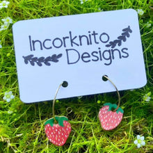 Load image into Gallery viewer, Strawberry Open Hoop Earrings - Gold or Silver findings - Natural Cork Jewellery - Incorknito Designs