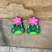 Load image into Gallery viewer, Frog Flower Drop Earrings - Pink or Orange - Natural Cork Jewellery - Incorknito Designs