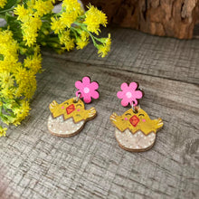 Load image into Gallery viewer, Chick with Pink Flower Drop Earrings - Natural Cork Jewellery - Incorknito Designs