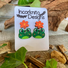 Load image into Gallery viewer, Frog Flower Drop Earrings - Pink or Orange - Natural Cork Jewellery - Incorknito Designs