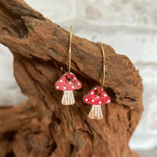 Load image into Gallery viewer, Red Toadstool Open Hoop Earrings - Gold or Silver findings - Natural Cork Jewellery - Incorknito Designs