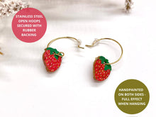 Load image into Gallery viewer, Strawberry Open Hoop Earrings - Gold or Silver findings - Natural Cork Jewellery - Incorknito Designs