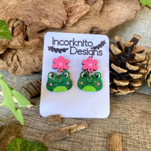 Load image into Gallery viewer, Frog Flower Drop Earrings - Pink or Orange - Natural Cork Jewellery - Incorknito Designs