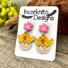 Load image into Gallery viewer, Chick with Pink Flower Drop Earrings - Natural Cork Jewellery - Incorknito Designs