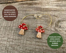 Load image into Gallery viewer, Red Toadstool Open Hoop Earrings - Gold or Silver findings - Natural Cork Jewellery - Incorknito Designs