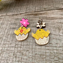 Load image into Gallery viewer, Chick with Pink Flower Drop Earrings - Natural Cork Jewellery - Incorknito Designs