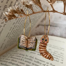 Load image into Gallery viewer, Bookworm and Green Book Hoop Earrings - Natural Cork Jewellery - Incorknito Designs