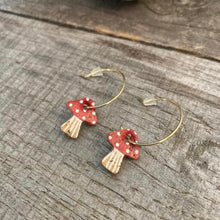 Load image into Gallery viewer, Red Toadstool Open Hoop Earrings - Gold or Silver findings - Natural Cork Jewellery - Incorknito Designs