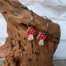Load image into Gallery viewer, Red Toadstool Open Hoop Earrings - Gold or Silver findings - Natural Cork Jewellery - Incorknito Designs