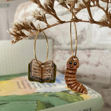 Load image into Gallery viewer, Bookworm and Green Book Hoop Earrings - Natural Cork Jewellery - Incorknito Designs