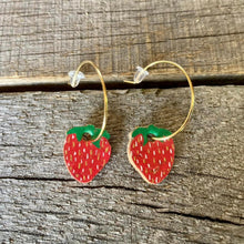Load image into Gallery viewer, Strawberry Open Hoop Earrings - Gold or Silver findings - Natural Cork Jewellery - Incorknito Designs
