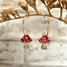 Load image into Gallery viewer, Red Toadstool Open Hoop Earrings - Gold or Silver findings - Natural Cork Jewellery - Incorknito Designs