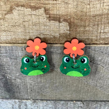 Load image into Gallery viewer, Frog Flower Drop Earrings - Pink or Orange - Natural Cork Jewellery - Incorknito Designs