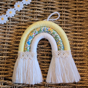 Small Macrame Rainbow Wall Hanging - Yellow, Floral,White - LittleNellMakes