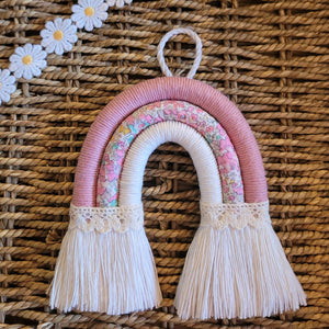 Small Macrame Rainbow Wall Hanging - Pink, Floral,White - LittleNellMakes