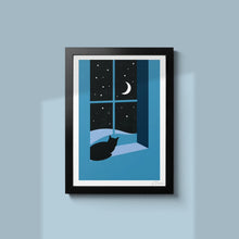 Load image into Gallery viewer, Watching through the Night Screenprint - Cat print in 2 sizes - Or8 Design