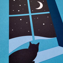 Load image into Gallery viewer, Watching through the Night Screenprint - Cat print in 2 sizes - Or8 Design