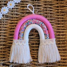 Load image into Gallery viewer, Small Macrame Rainbow Wall Hanging - Pink, Floral,White - LittleNellMakes
