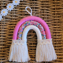 Load image into Gallery viewer, Small Macrame Rainbow Wall Hanging - Pink, Floral,White - LittleNellMakes
