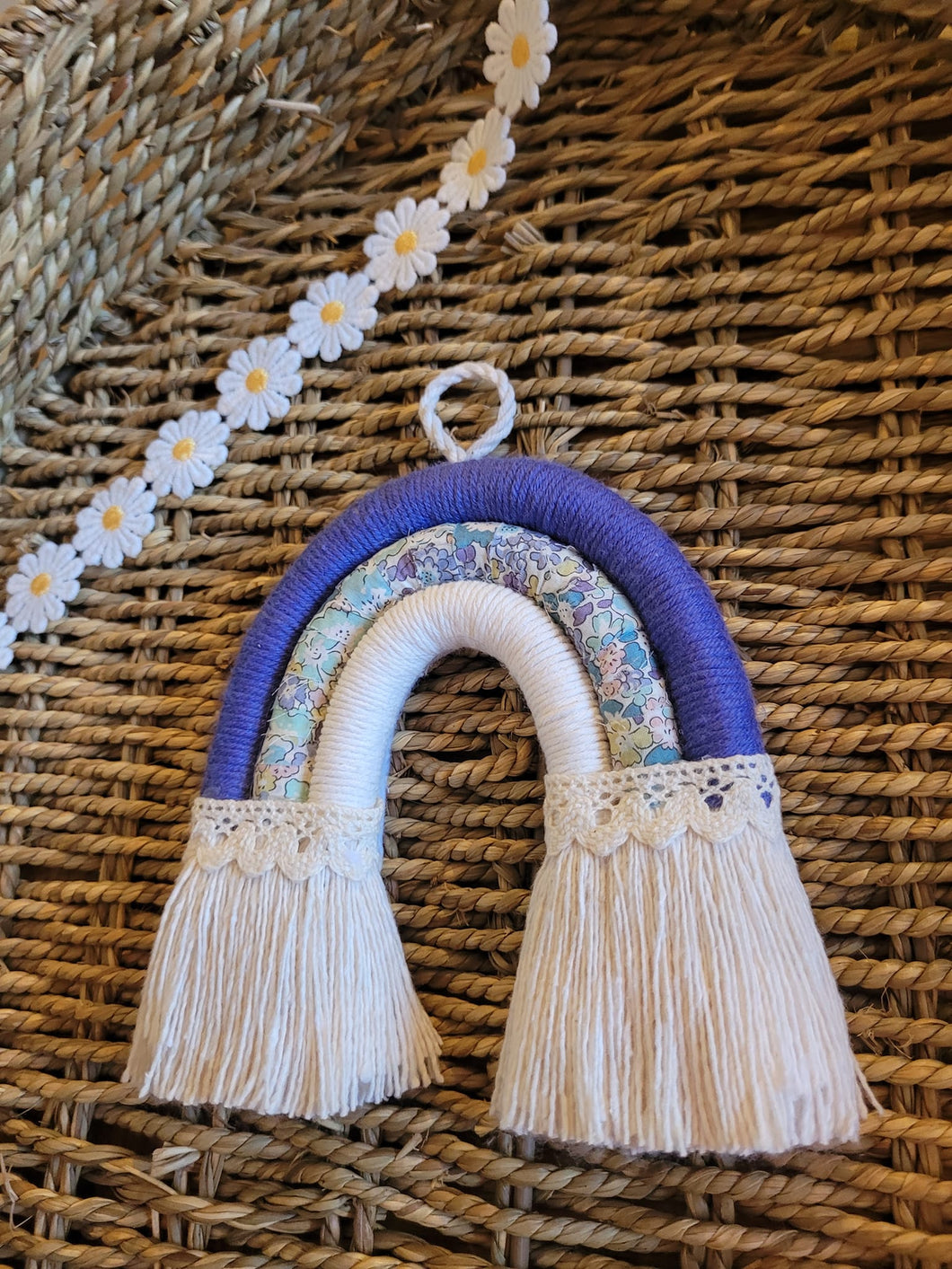 Small Macrame Rainbow Wall Hanging - Blue, Floral,White - LittleNellMakes