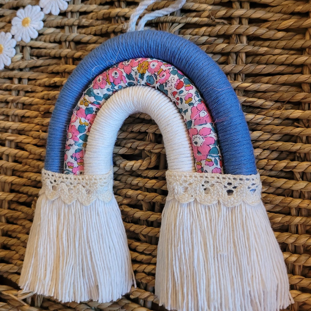 Small Macrame Rainbow Wall Hanging - Blue, Floral,White - LittleNellMakes