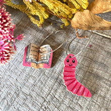 Load image into Gallery viewer, Pink Bookworm and Book Hoop Earrings - Natural Cork Jewellery - Incorknito Designs