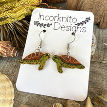Load image into Gallery viewer, Green Turtle Hook Earrings - Natural and White - Natural Cork Jewellery - Incorknito Designs