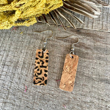 Load image into Gallery viewer, Leopard Print Rectangle Hook Earrings - Natural Cork Jewellery - Incorknito Designs