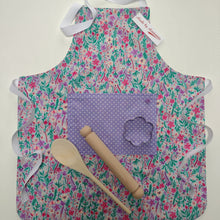 Load image into Gallery viewer, Childrens Baking Set - Kids Pinny - Purple And Aqua Flowers - Made by Marianne Gifts