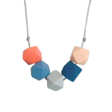 Load image into Gallery viewer, Teething Necklace - Blues / Grey / Peach - Geometric Bead Silicone Teething Jewellery - Mama Knows