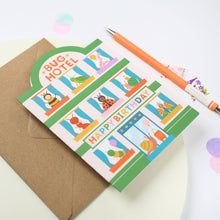 Load image into Gallery viewer, Greetings Card - Playful Bug Hotel - Die Cut Birthday Card for Kids with Cute Critters - Mifkins