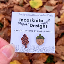 Load image into Gallery viewer, Acorn and Oak Leaf Mini Studs - Natural Cork Jewellery - Incorknito Designs