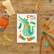 Load image into Gallery viewer, Crocodile Split Pin Puppet A5 Birthday Greeting Card - Make your own Crocodile Puppet - Emily Nash Illustration