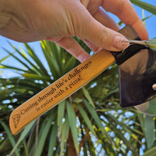 Load image into Gallery viewer, Etched Bamboo Pizza Slice - Axed Shaped Pizza Cutter - Cutting Through Life's Challenges is easier with a Pizza! - Woodsmiths Family Business