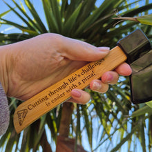 Load image into Gallery viewer, Etched Bamboo Pizza Slice - Axed Shaped Pizza Cutter - Cutting Through Life's Challenges is easier with a Pizza! - Woodsmiths Family Business