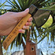 Load image into Gallery viewer, Etched Bamboo Pizza Slice - Axed Shaped Pizza Cutter - Slice Slice Baby - Woodsmiths Family Business