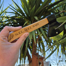 Load image into Gallery viewer, Etched Bamboo Pizza Slice - Axed Shaped Pizza Cutter - Slice Slice Baby - Woodsmiths Family Business