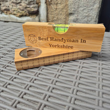 Load image into Gallery viewer, Etched Bamboo Spirit Level and Bottle Opener - Best Handyman in Yorkshire - Woodsmiths Family Business