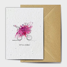 Load image into Gallery viewer, Wildflower Seed Paper Plantable Greetings Card - It's a Girl! - New Baby Pink Pram Greeting Card - The Seed Card Company