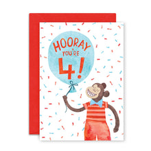 Load image into Gallery viewer, 4th Birthday Card - Monkey Birthday Greeting Card - Hooray You're 4! - Emily Nash Illustration