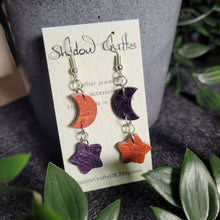 Load image into Gallery viewer, Leather Moon and Stars Drop Earrings - Lots of Colour Combinations - Shadow Crafts