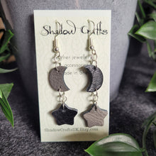 Load image into Gallery viewer, Leather Moon and Stars Drop Earrings - Lots of Colour Combinations - Shadow Crafts
