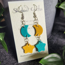 Load image into Gallery viewer, Leather Moon and Stars Drop Earrings - Lots of Colour Combinations - Shadow Crafts
